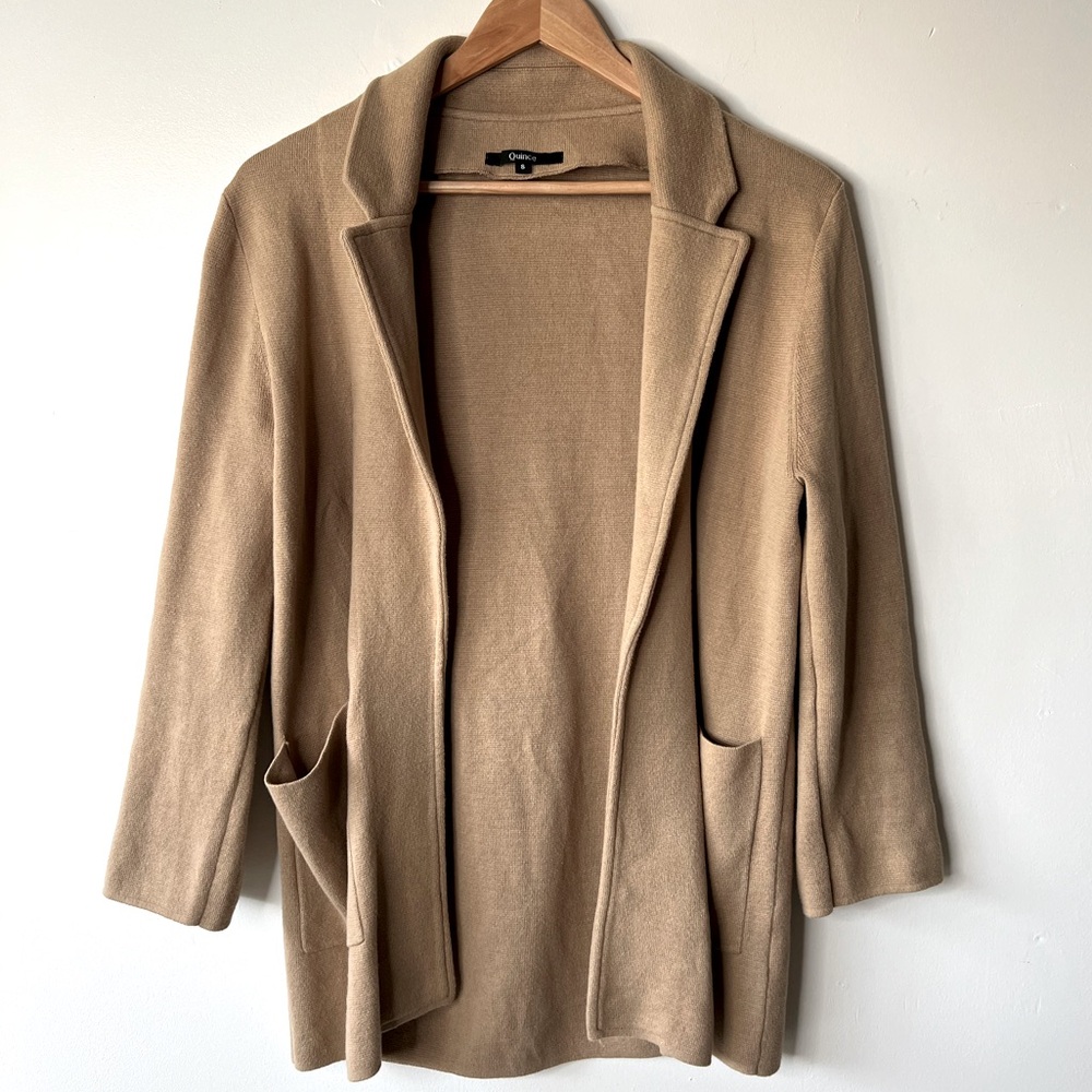 Quince Organic Cotton Knit Tan Open Blazer, S